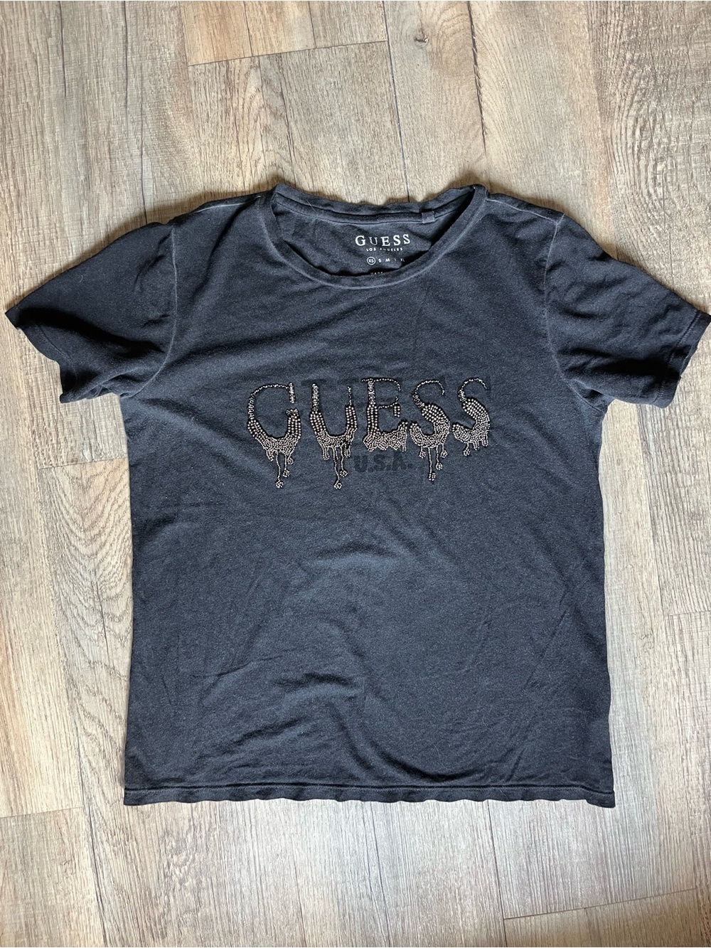 GUESS Black Short Sleeve Logo Tee with Drip Beaded Detail
